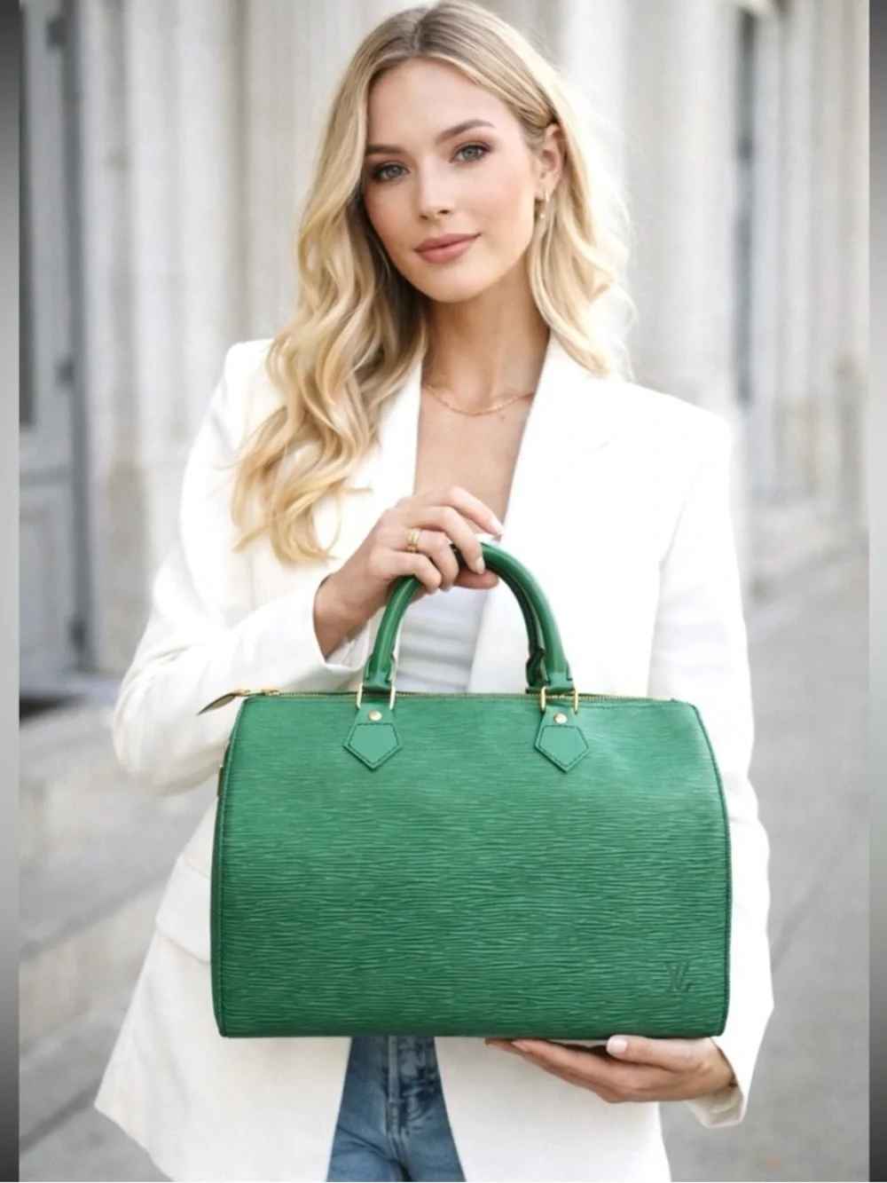 Authentic Louis Vuitton Speedy 25 green epi leather satchel bag  M43014 LV